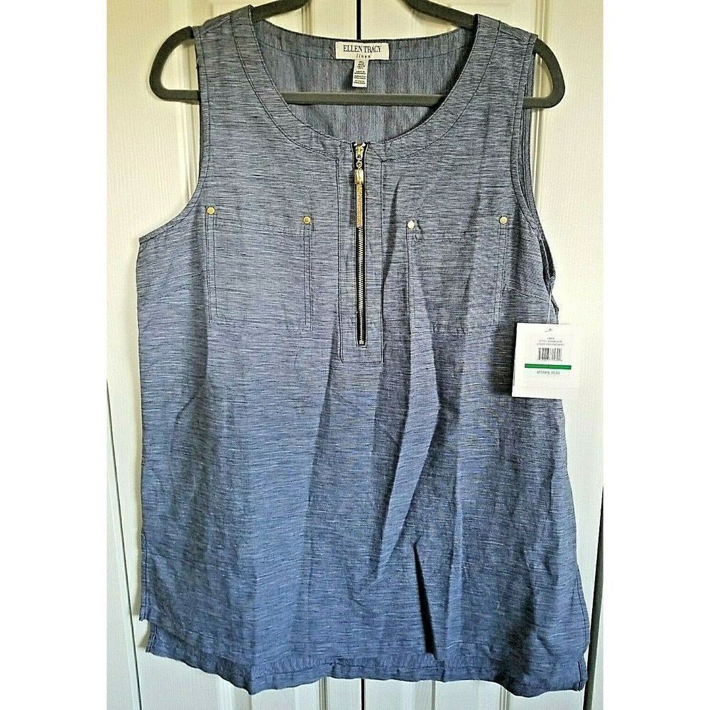 Ellen Tracy Linen Blend Navy Sleeveless Top Women's Size Large NWT‎